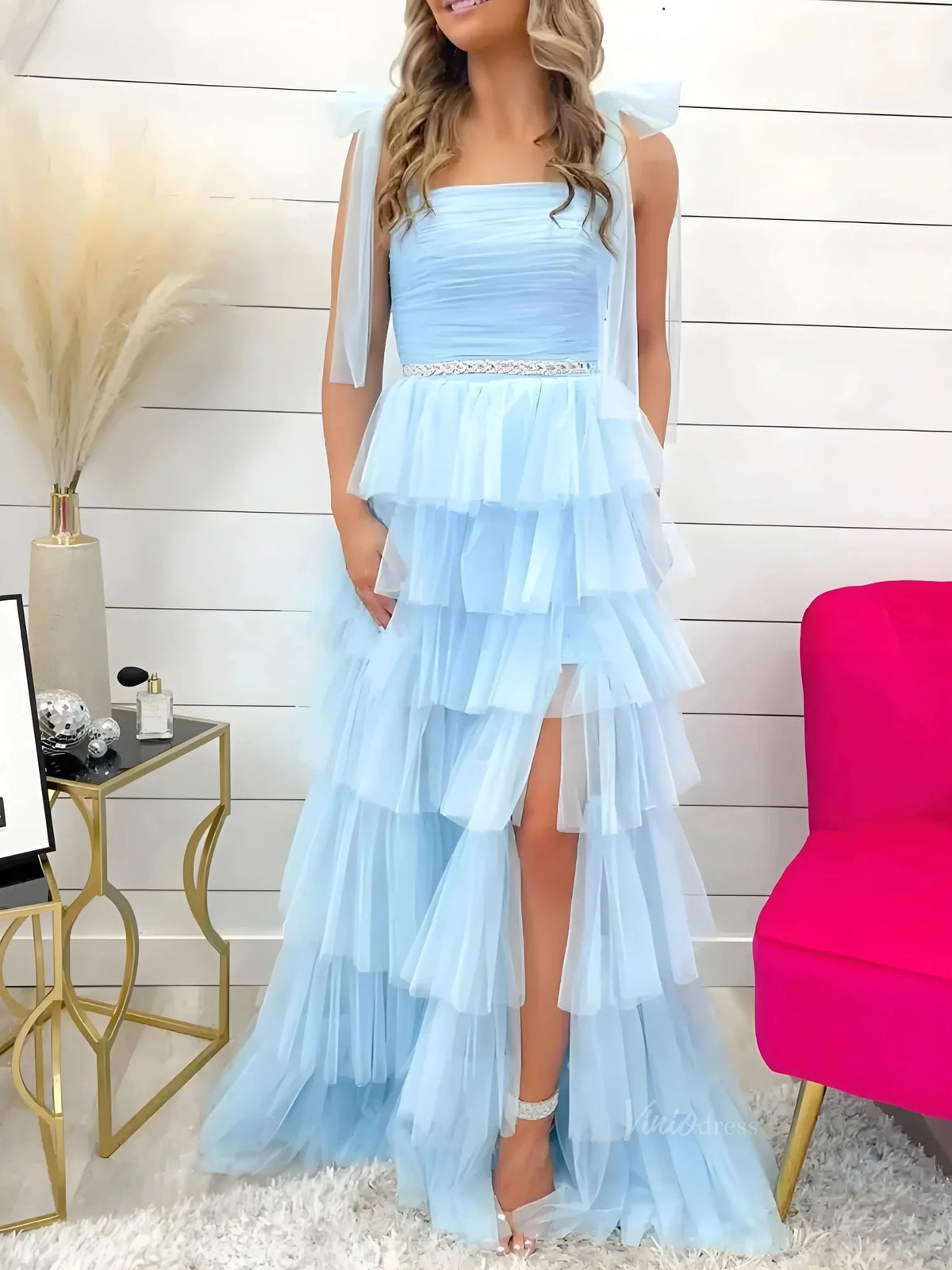 Elegant Tulle Prom Dresses with Slit, Pleated Bodice, Tiered Bottom & Bow-Tie Strap - FD3722