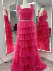 Elegant Tulle Prom Dresses with Slit, Pleated Bodice, Tiered Bottom & Bow-Tie Strap - FD3722