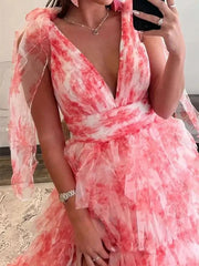 Elegant Tulle Tiered Prom Dresses 2025 Bow-Tie V-Neck Formal Gown with Slit - FD5302