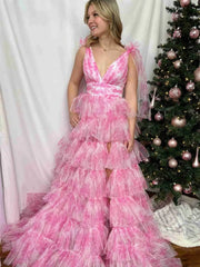 Elegant Tulle Tiered Prom Dresses 2025 Bow-Tie V-Neck Formal Gown with Slit - FD5302