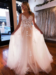 Elegant V-Neck Aline Wedding Dress Tulle Lace Bridal Dress Sleeveless