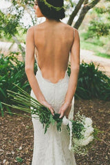 Mermaid Elegant V-neck Backless White Wedding Dress with Sweep Train