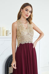 Elegant V-Neck Chiffon Long Evening Dress Sleeveless Gold Appliques Aline Special Occasion Dress