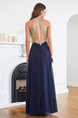 Elegant V-Neck Chiffon Long Evening Dress Sleeveless Gold Appliques Aline Special Occasion Dress