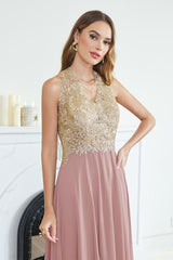 Elegant V-Neck Chiffon Long Evening Dress Sleeveless Gold Appliques Aline Special Occasion Dress