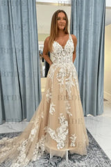 Elegant V-Neck Lace Aline Wedding Dress with Appliques