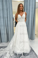 Elegant V-Neck Lace Aline Wedding Dress with Appliques