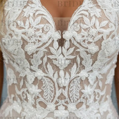 Elegant V-Neck Lace Aline Wedding Dress with Appliques
