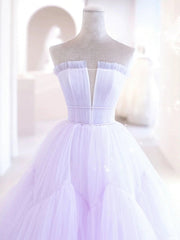 Elegant V Neck Purple Tulle Long Prom Dresses, Strapless Lilac Tulle Formal Evening Dresses, Lavender Ball Gown