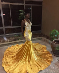 Elegant V-Neck Sleeveless Mermaid Appliques Yellow Prom Party Gowns