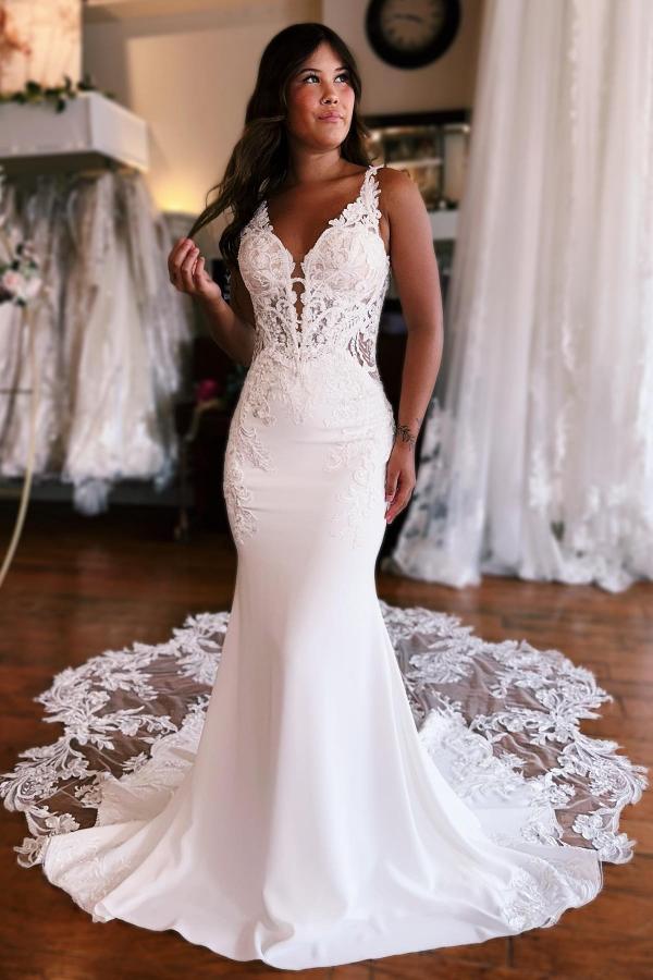 Ivory Mermaid Wedding Dress with Lace Appliques & Cathedral Train