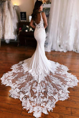 Ivory Mermaid Wedding Dress with Lace Appliques & Cathedral Train