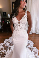 Ivory Mermaid Wedding Dress with Lace Appliques & Cathedral Train