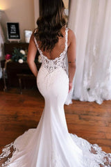 Ivory Mermaid Wedding Dress with Lace Appliques & Cathedral Train