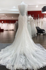 Elegante witte lange zeemeermin tule kant open achterkant trouwjurken