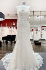 Elegante witte lange zeemeermin tule kant open achterkant trouwjurken
