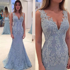 Blue Mermaid V Neck Backless Lace Prom Dresses, Backless Wedding Dresses, Lace Formal Dresses, Blue Graduation Dresses, Evening Dresses