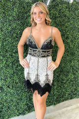 Black and White Sequin Fringes Cocktail Gown