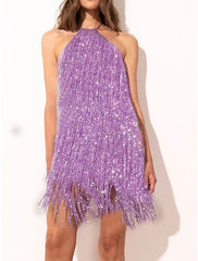 Women's Gold Sequin Dress Fringe Dress Party Dress Sparkly Dress Homecoming Dress Mini Dress Purple Sleeveless Sparkly Glitter Spring Fall Winter Halter Neck Fashion