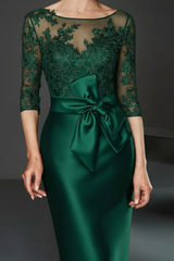 Bateau 3/4 Long Sleeves Satin Mother of the Bride Dresses with Lace