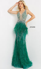 Jovani Sheer-Bodice Long Prom Dress with Feathers