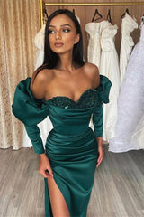 Emerald Evening Dress Prom Dress Long Bubble Sleeves Sweetheart Sequined Evening Gown
