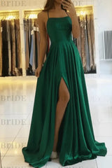 Simple Prom Dress Long With Spaghetti Straps Front Slit Satin Evening Dress