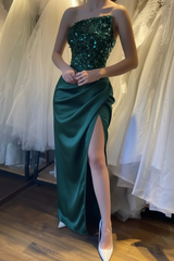 Glamorous Satin Black Prom Dress with Sequins Sleeveless High Slit Evening Dress