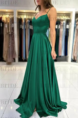 Spaghetti Straps Simple Satin Long Prom Dress with Slit
