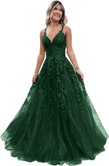 2024 Long Blue Lace Prom Dresses V Neck Formal Evening Dresses Open Back