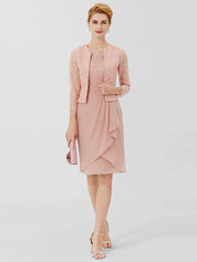 Sheath / Column Mother of the Bride Dress Formal Classic & Timeless Elegant & Luxurious Convertible Dress Jewel Neck Knee Length Chiffon Sheer Lace 3/4 Length Sleeve with Sash / Ribbon