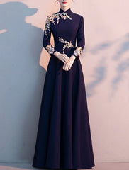 A-Line Mother of the Bride Dress Elegant Simple High Neck Floor Length Stretch Fabric Long Sleeve with Pleats Appliques