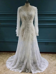 Wholesale Beach Sexy Boho Wedding Dresses A-Line V Neck Long Sleeve Sweep / Brush Train Lace Bridal Gowns With Appliques Split Front