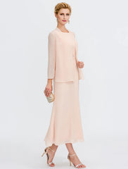 Aimishang  Two Piece Sheath / Column Mother of the Bride Dress Wedding Guest Plus Size Elegant with Jacket Long Sleeve Scoop Neck Tea Length Chiffon Sash / Ribbon Pleats Beadin