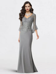 DingjiMermaid / Trumpet Mother of the Bride Dress Plus Size Elegant V Neck Sweep / Brush Train Chiffon Lace 3/4 Length Sleeve with Sequin Appliques