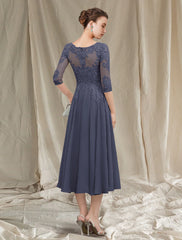 Aimishang  A-Line Mother of the Bride Dress Elegant Jewel Neck Tea Length Chiffon Lace Half Sleeve with Pleats Appliques