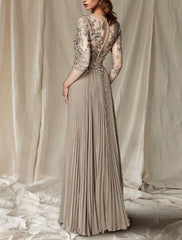 Aimishang A-Line Mother of the Bride Dress Wedding Guest Plus Size Elegant V Neck Floor Length Chiffon Lace Half Sleeve with Pleats Appliques