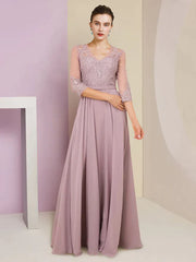DingjiA-Line Mother of the Bride Dress Formal Wedding Guest Elegant V Neck Floor Length Chiffon Lace 3/4 Length Sleeve with Pleats Appliques