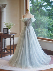 Off Shoulder Tulle A-Line Green Long Prom Dress, Green Long Formal Dress