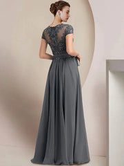 Sheath / Column Mother of the Bride Dress Wedding Guest Party Elegant Jewel Neck Floor Length Chiffon Lace Short Sleeve with Pleats Sequin