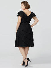 A-Line Mother of the Bride Dress Plus Size Elegant Sexy V Neck Knee Length Chiffon Short Sleeve No with Beading