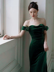 Green Mermaid Velvet Long Wedding Party Dress, Green Velvet Sweetheart Prom Dress