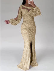 Mermaid Dress Evening Gown Champagne Gown Sparkle Sequin Dress Formal Floor Length Long Sleeve Scoop Neck with Ruched Slit