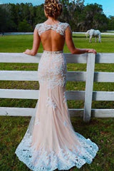 Mermaid Sweep Train Open Back Tulle Prom Appliques Wedding Dress