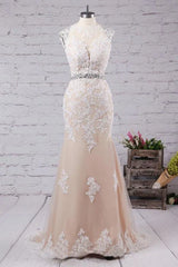 Mermaid Sweep Train Open Back Tulle Prom Appliques Wedding Dress