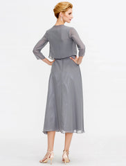 A-Line Mother of the Bride Dress Fall Wedding Guest Dresses Plus Size Elegant Illusion Neck Tea Length Chiffon Corded Lace Sleeveless Wrap Included with Lace Pleats