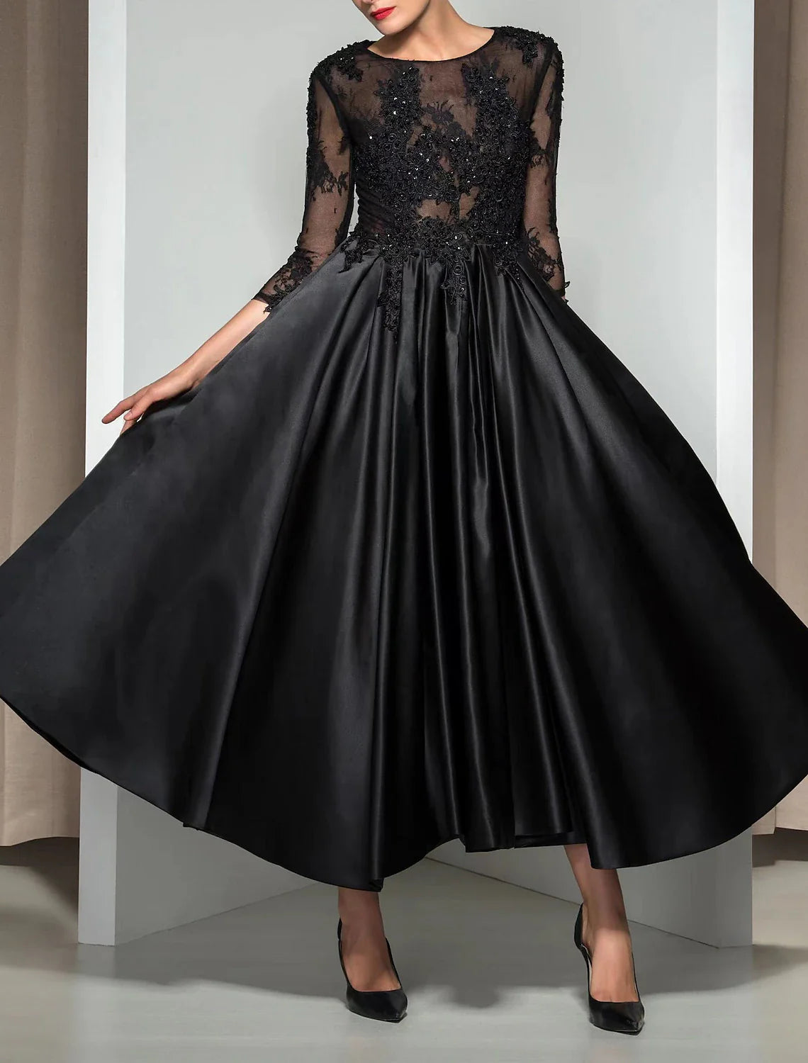 Aimishang A-Line Evening Gown Elegant Dress Wedding Guest Cocktail Party Ankle Length 3/4 Length Sleeve Illusion Neck Fall Wedding Guest Satin with Appliques
