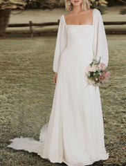 Wholesale Engagement Open Back Wedding Dresses A-Line Square Neck Long Sleeve Sweep / Brush Train Chiffon Bridal Gowns With Solid Color