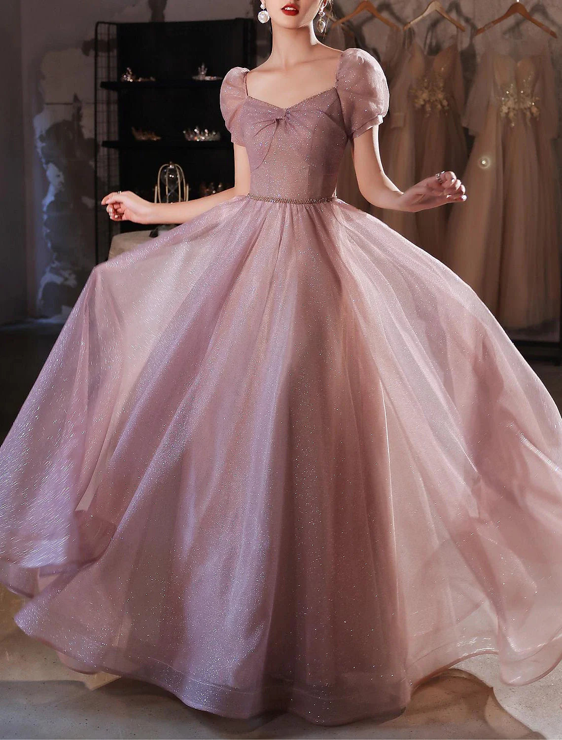 A-Line Beautiful Back Elegant Prom Formal Evening Birthday Dress Sweetheart Neckline Short Sleeve Floor Length Lace with Beading