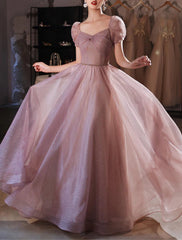 A-Line Beautiful Back Elegant Prom Formal Evening Birthday Dress Sweetheart Neckline Short Sleeve Floor Length Lace with Beading 2024 / Puff Balloon Sleeve